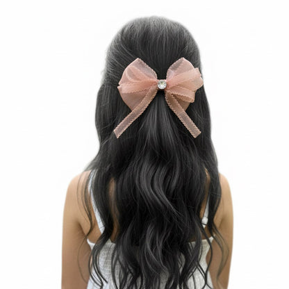 Delightful Sheer and studded Bow Clip (Peach)