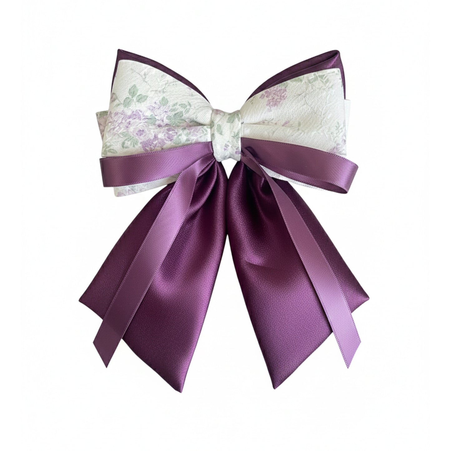 Floral Print Bow Clip with Satin Ribbons (Purple)