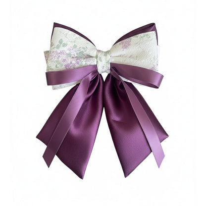 Floral Print Bow Clip with Satin Ribbons (Purple)