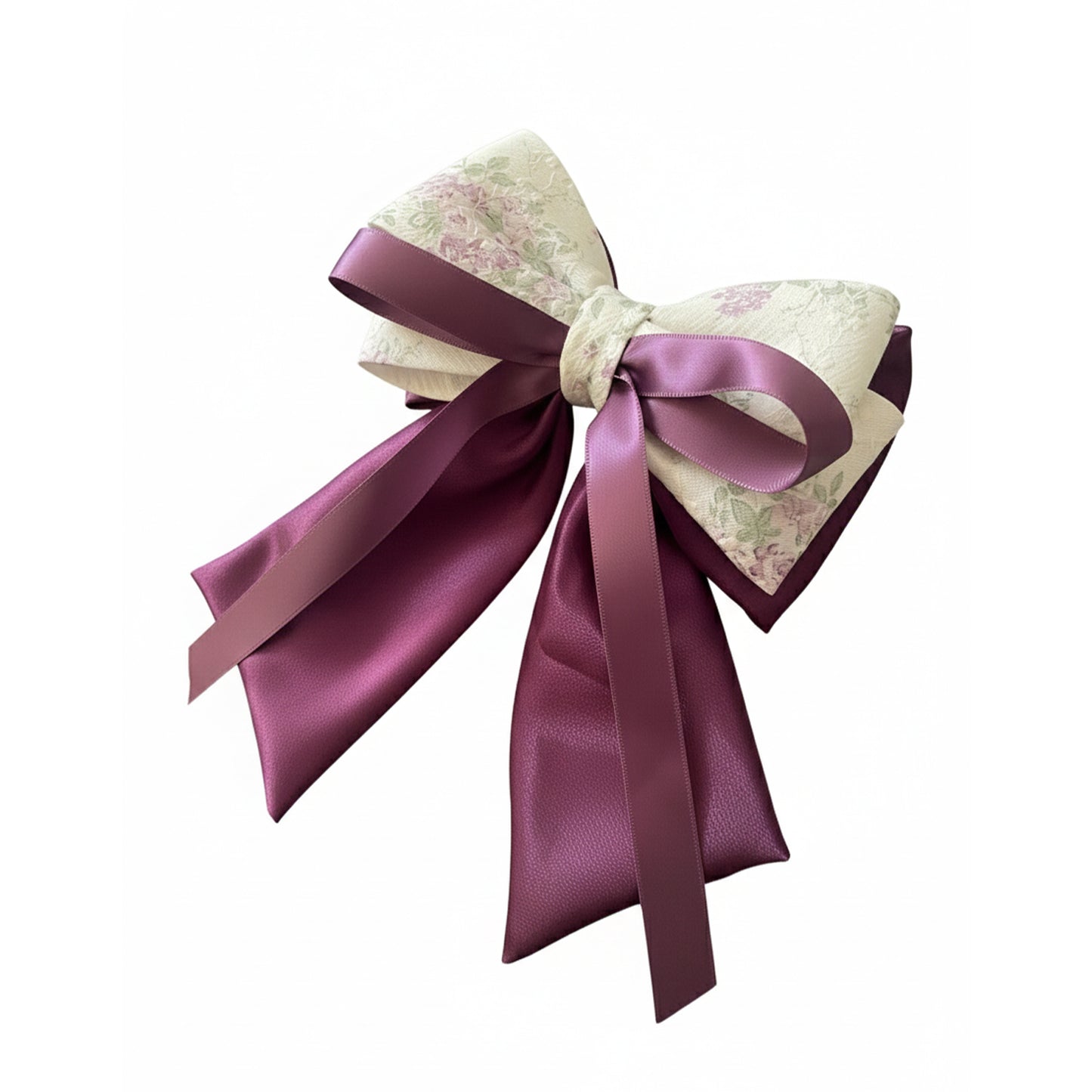 Floral Print Bow Clip with Satin Ribbons (Purple)