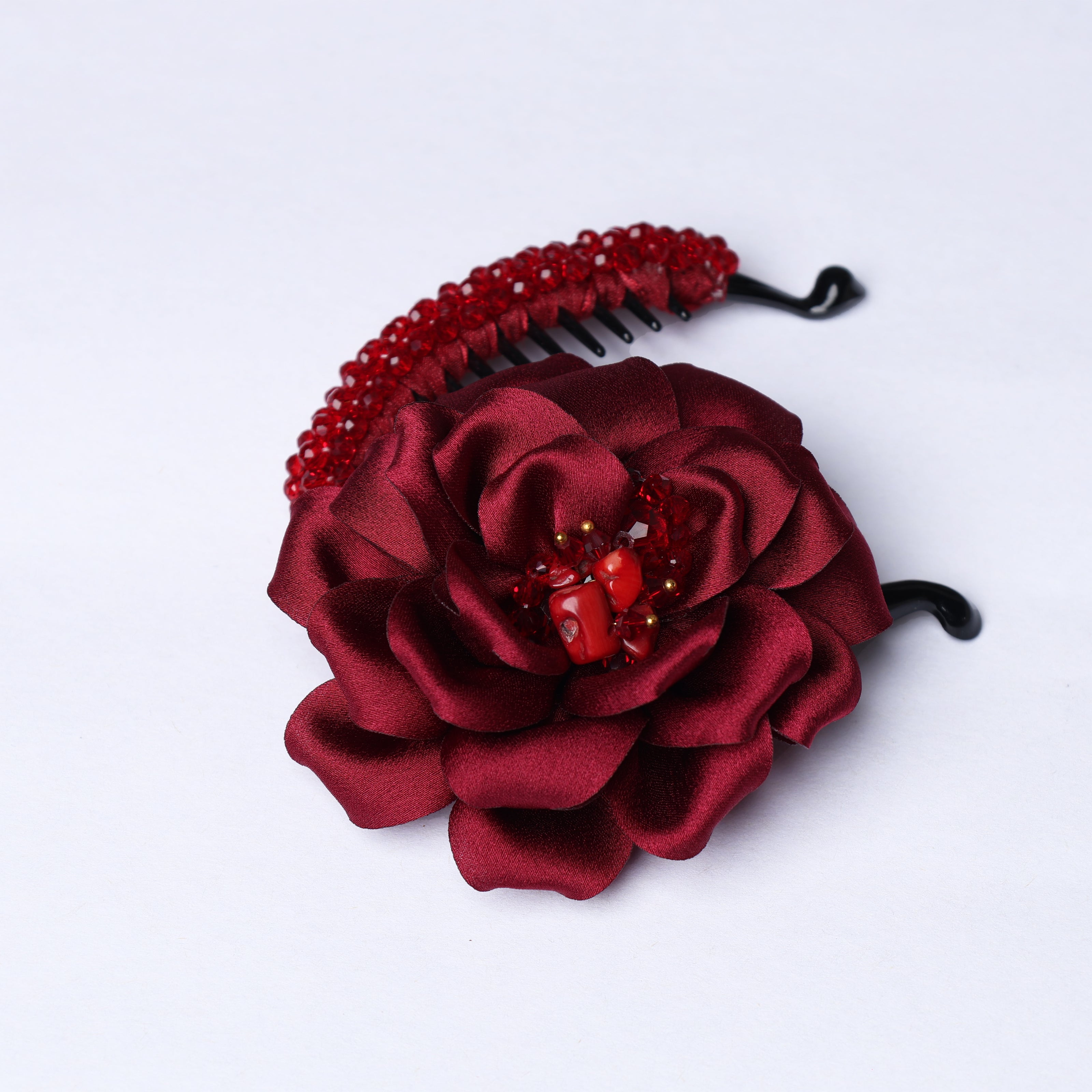 Crystal Banana Clip with Embellished Flower (Red)