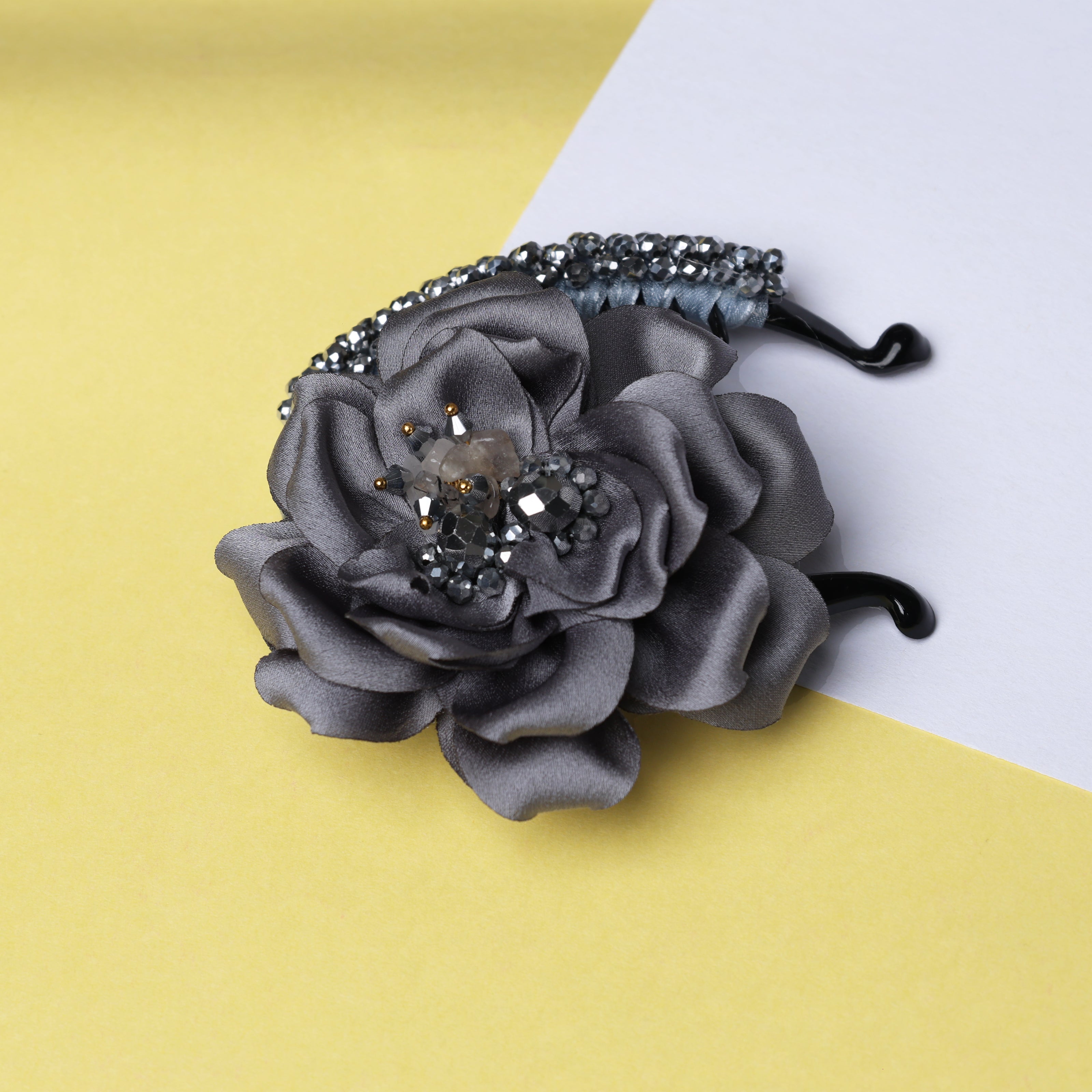 Crystal Banana Clip with Embellished Flower (Silver)