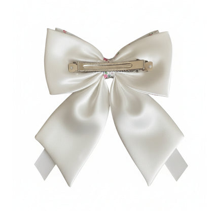 Floral Print Bow Clip with Satin Ribbons (White)