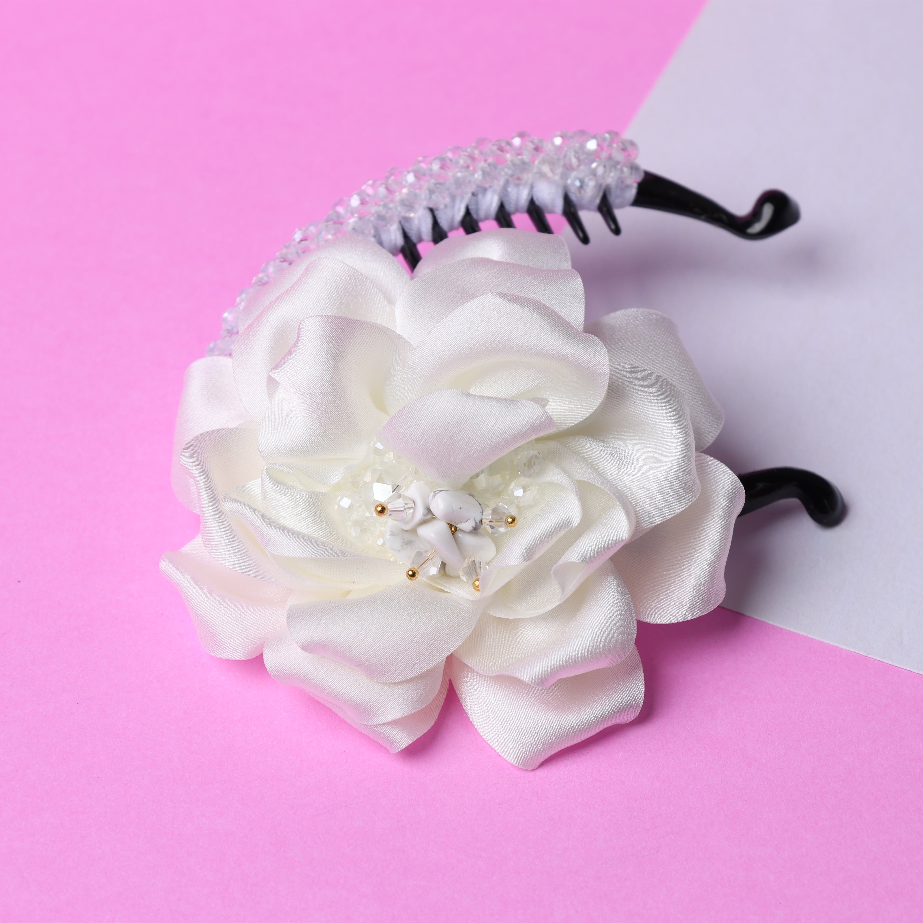 Crystal Banana Clip with Embellished Flower (White)