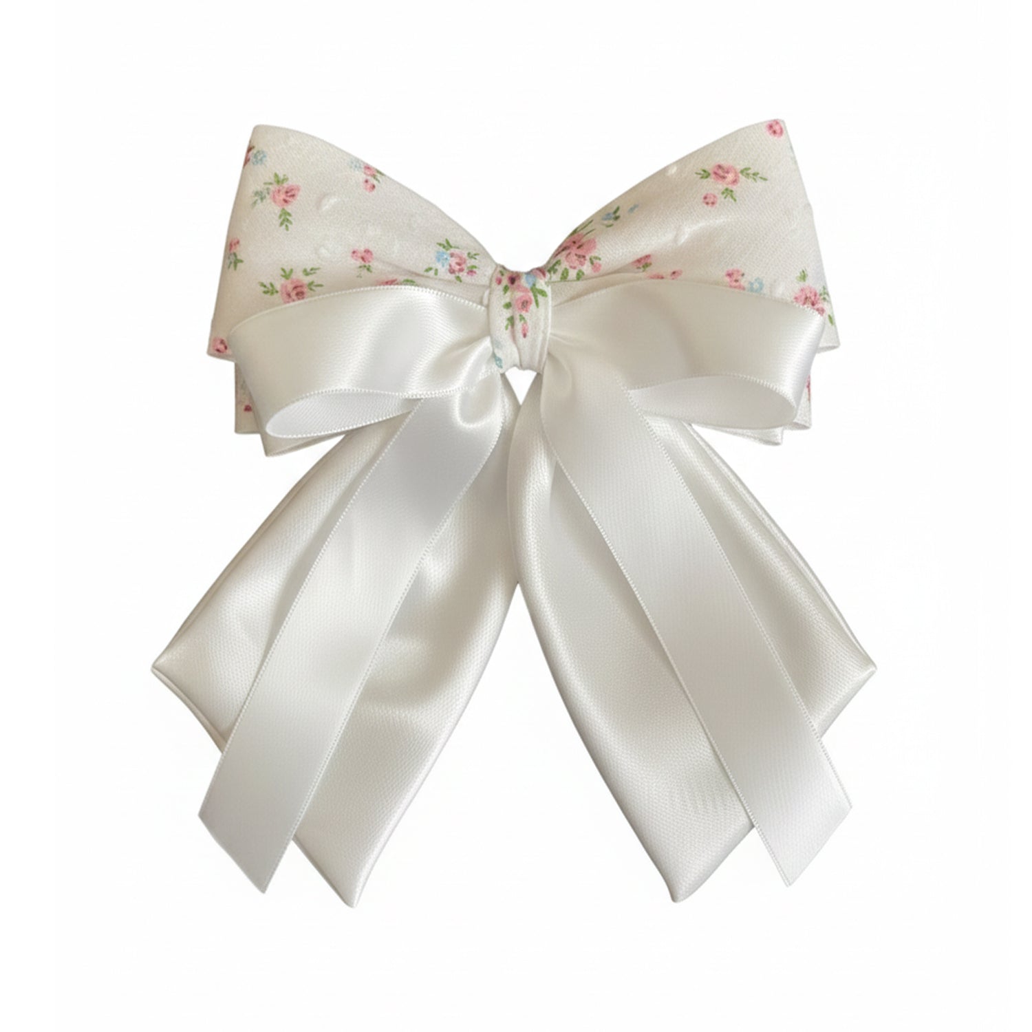Floral Print Bow Clip with Satin Ribbons (White)