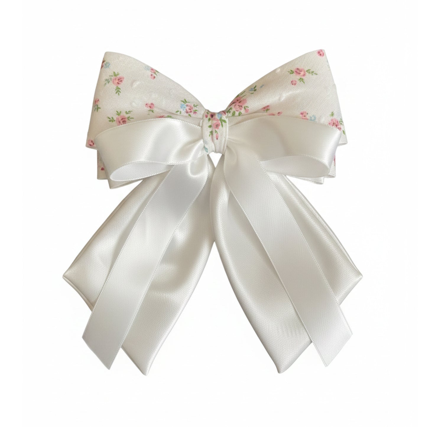 Floral Print Bow Clip with Satin Ribbons (White)