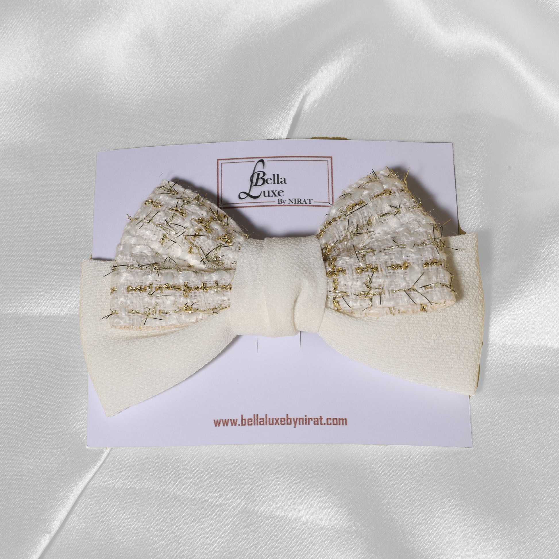 Check Shimmery Bow Clips with cream and gold fabric on a white card from mydevelopmentstor