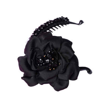 Bella Luxe black crystal banana clip hair accessory with fabric flower and bead embellishments