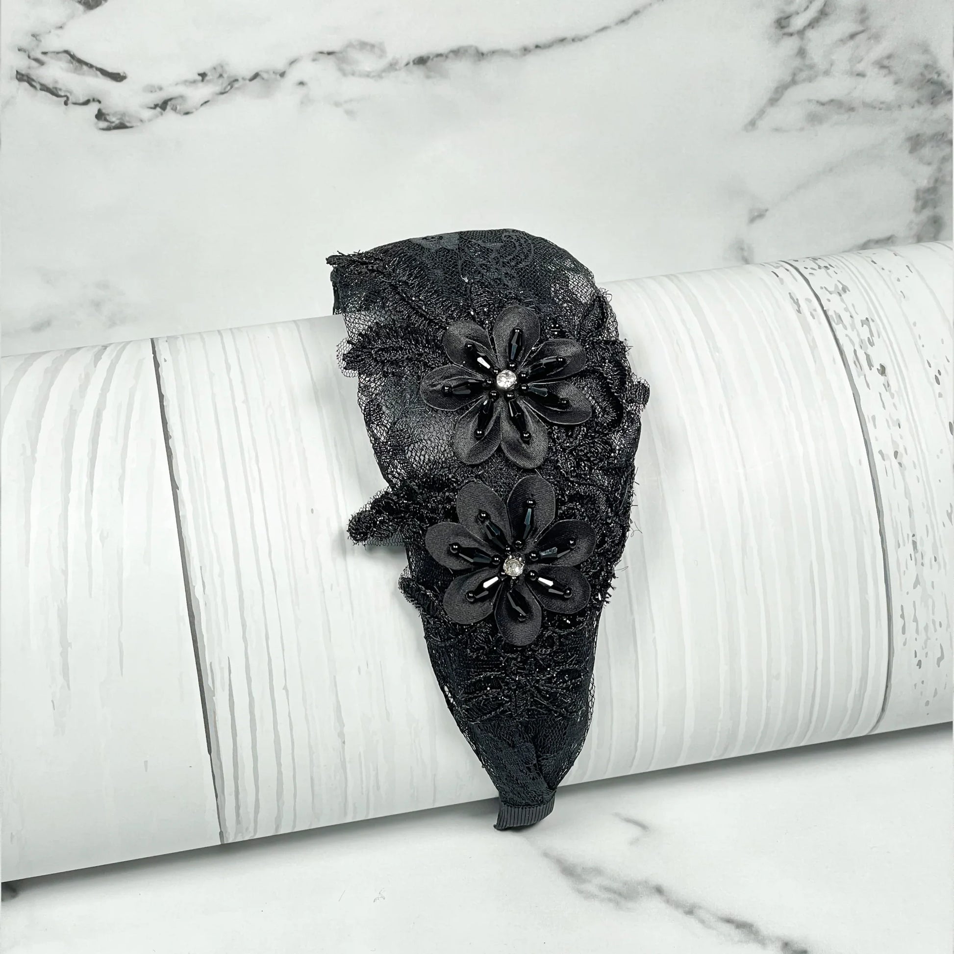Black lace broad flower hairbands with two floral decorations and pearl accents