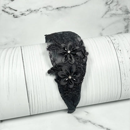 Black lace broad flower hairbands with two floral decorations and pearl accents