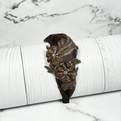 Brown broad flower hairbands with decorative floral designs and lace details from mydevelopmentstor