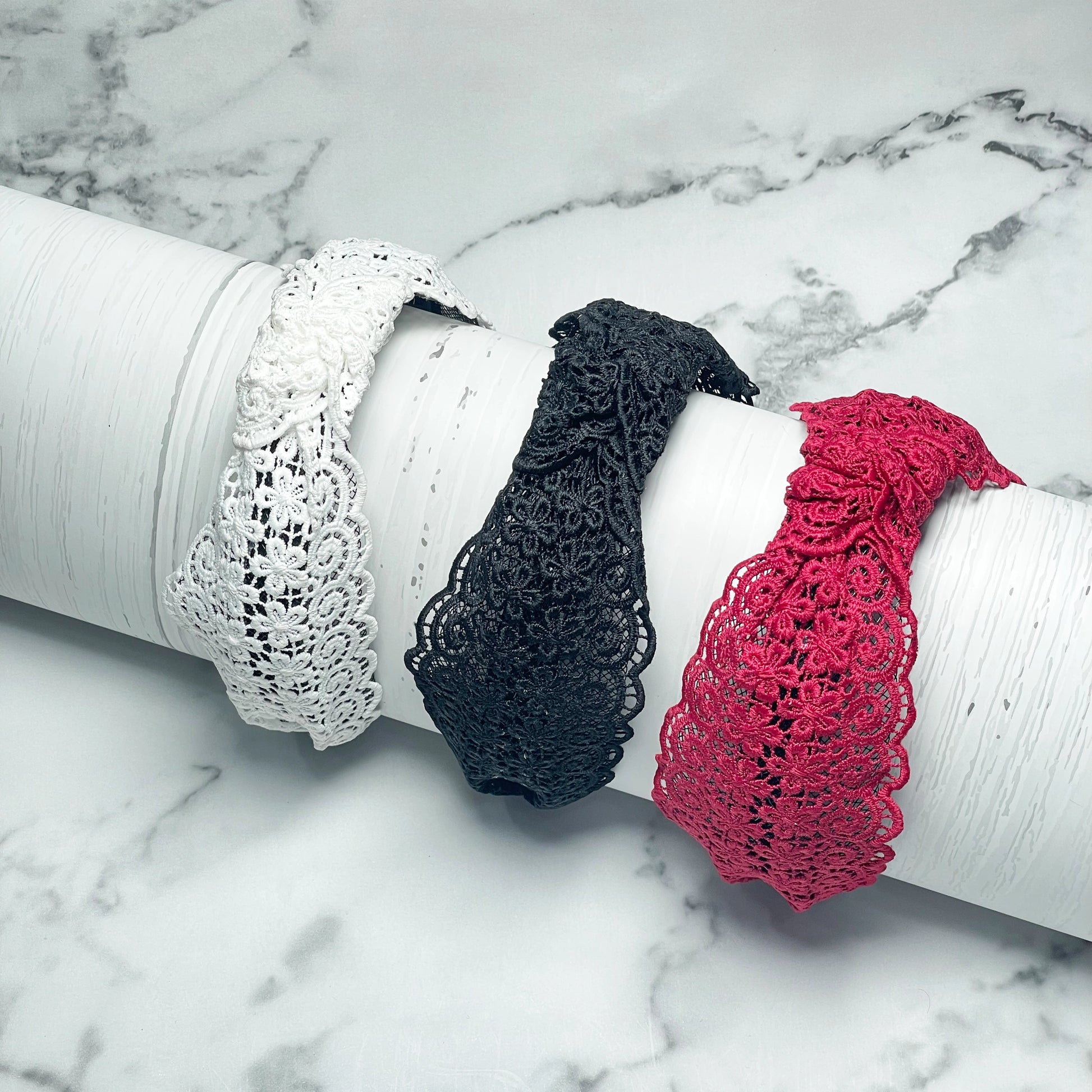 Set of Broad Lacy Knotted Hairbands in white black and red with intricate crochet design