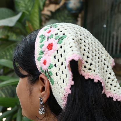 Cream Crochet Bandanas with Floral design worn on black hair showing pink flowers and green leaves embroidery