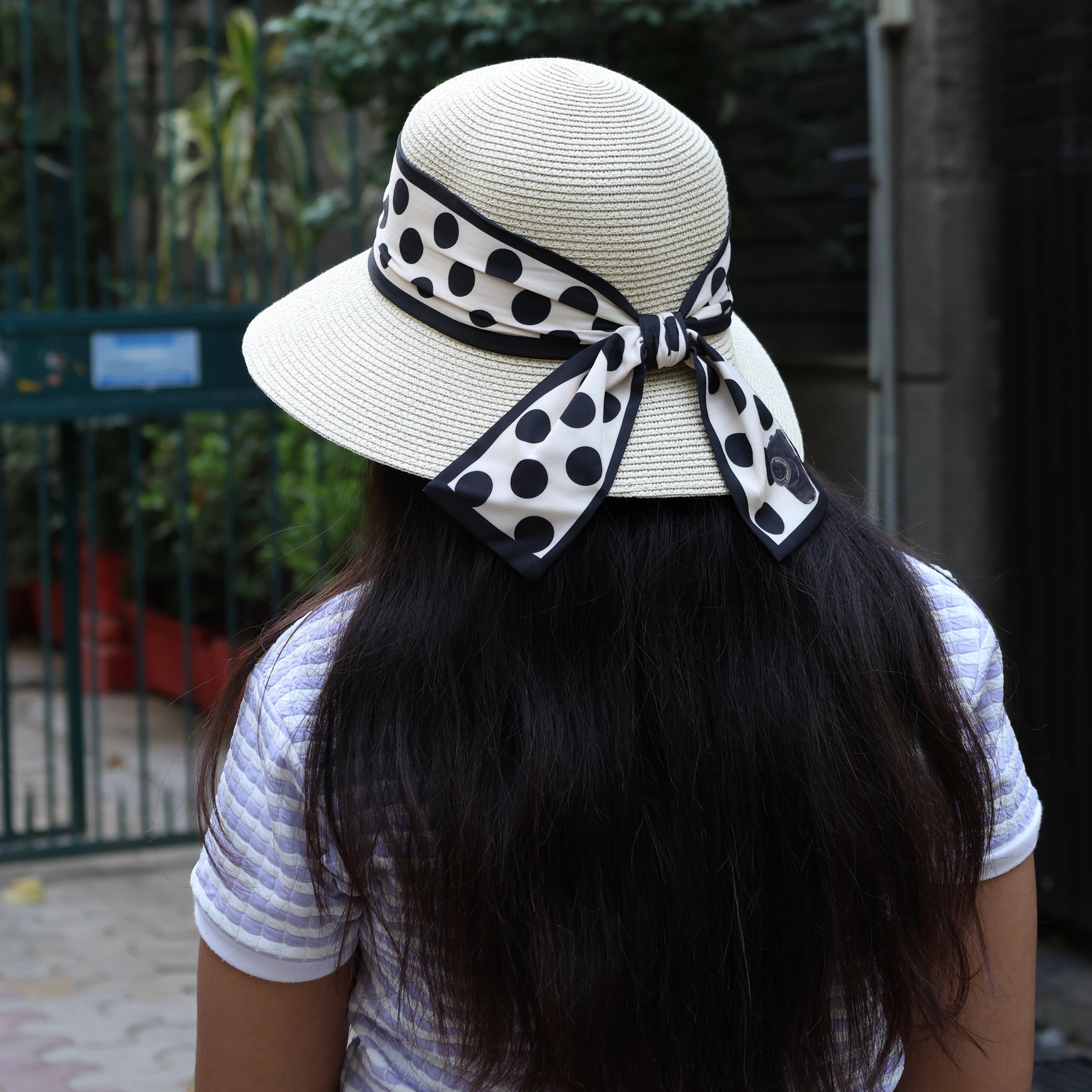 Cream Straw Round Bucket Hat with Polka Dot Black and White Ribbon