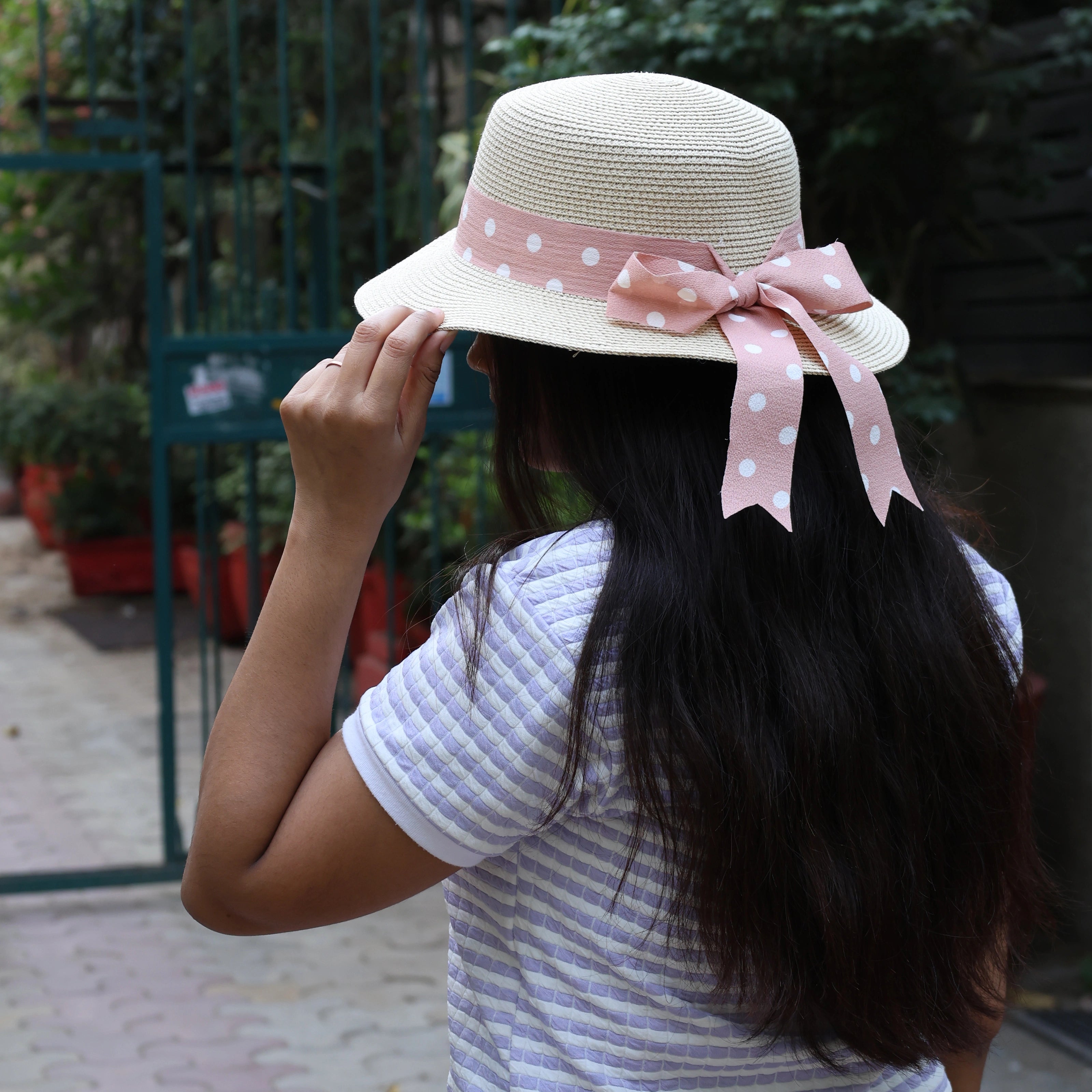 Cream Straw Flat Top Hat with Pink White Polka Ribbon