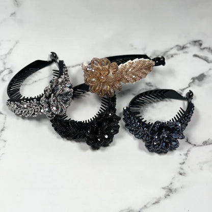 Crystal studded hair bun clip set featuring black and gold floral designs on comb bases