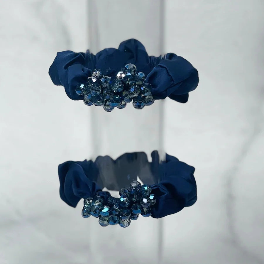 Navy blue crystal studded hair ties with decorative sparkling beads for stylish hair accessories