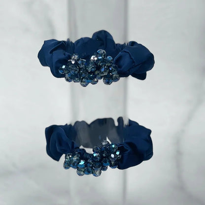 Navy blue crystal studded hair ties with decorative sparkling beads for stylish hair accessories
