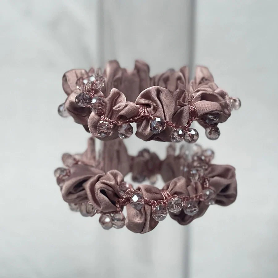 Pink satin crystal studded hair ties with sparkling clear beads for stylish hair access
