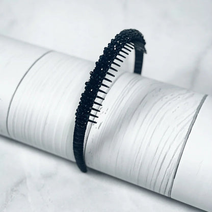 Black crystal studded headbands for women with comb teeth for secure fit and elegant style