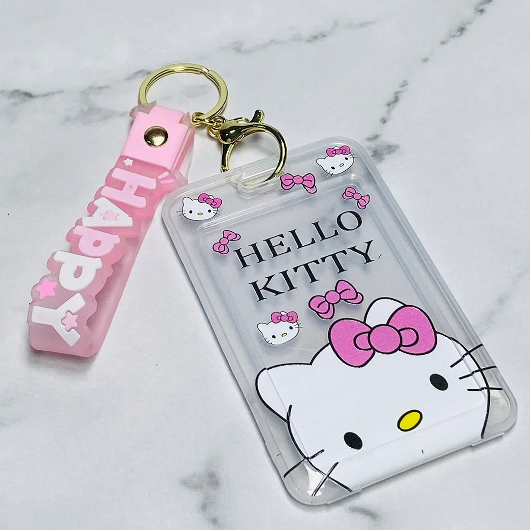 Hello Kitty Disney tag key chains featuring a clear card holder and a pink adjustable strap