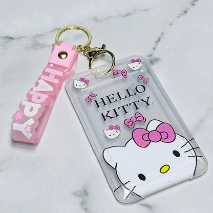 Hello Kitty Disney tag key chains featuring a clear card holder and a pink adjustable strap