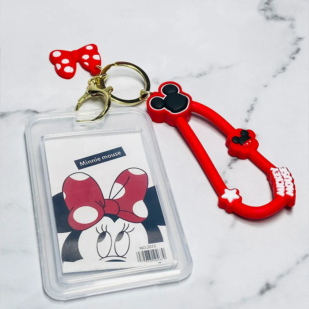Red and black Minnie Mouse disney tag key chains with a clear ID holder and carabiner clip