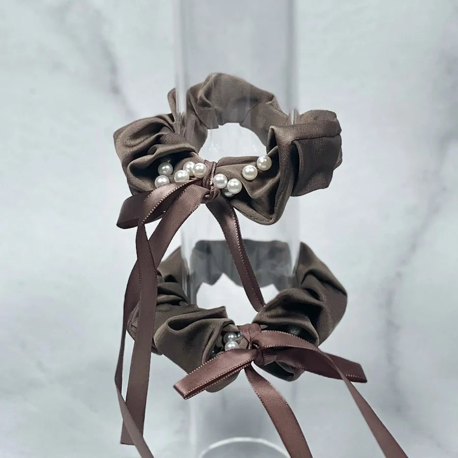 Elegant beaded ribbon hair tie set in brown with pearl beads and satin ribbons for stylish hair