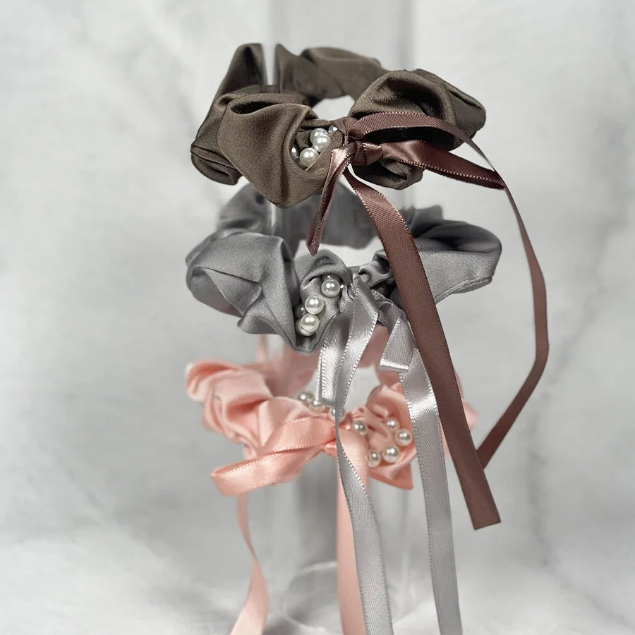 Satin Hair Scrunchie with small Beads and Ribbon (Pack of 1)