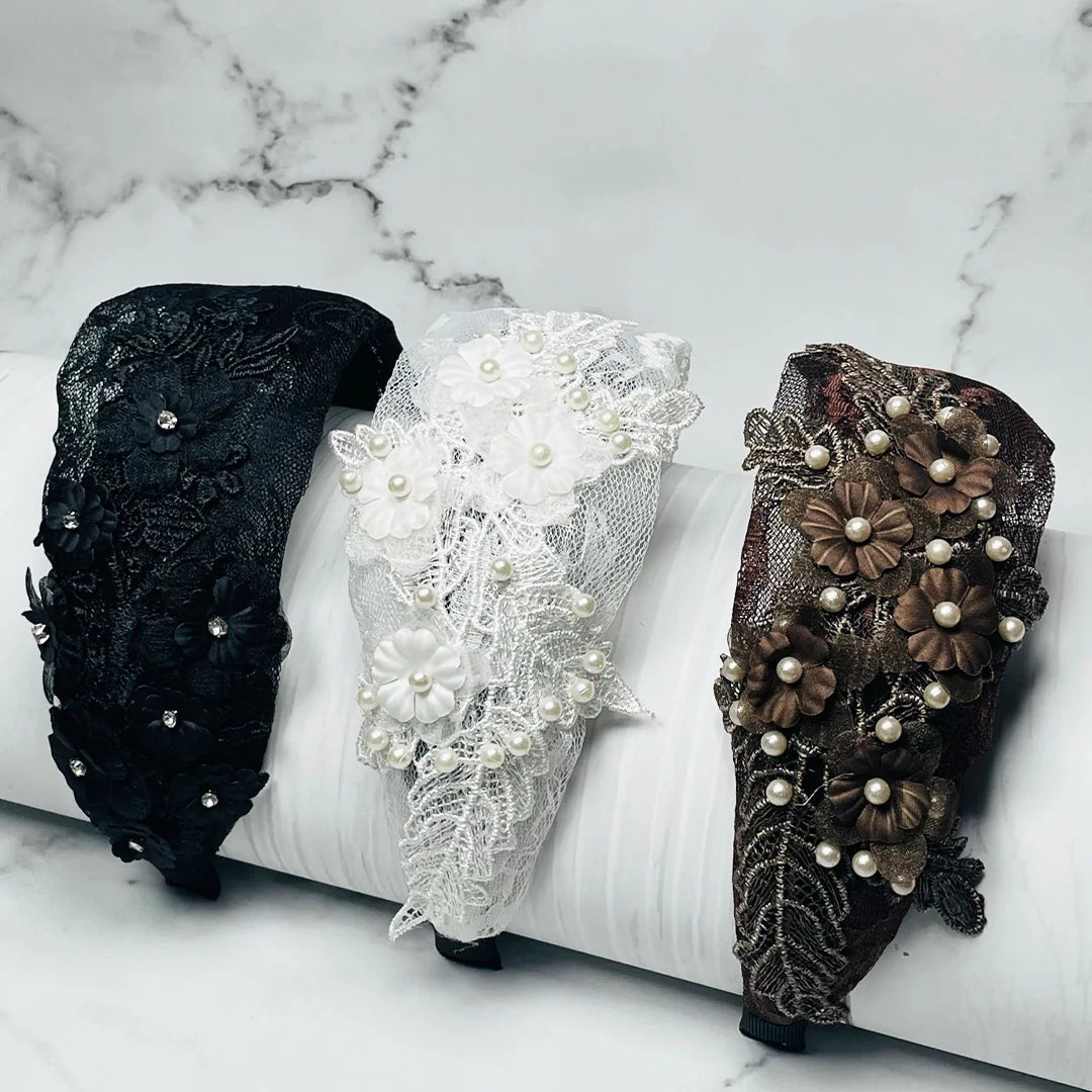 Elegant Broad Lacy Embellished Headbands with Pearls