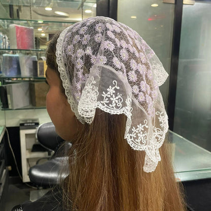 Bella Luxe Embroidered Shimmery Lacy Bandana worn over long brown hair in a salon