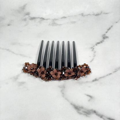 Brown floral beaded hair comb clips with small flower beads on black comb base
