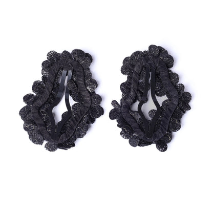 Black flower crystal hair pins with lace detailing for elegant hair styling