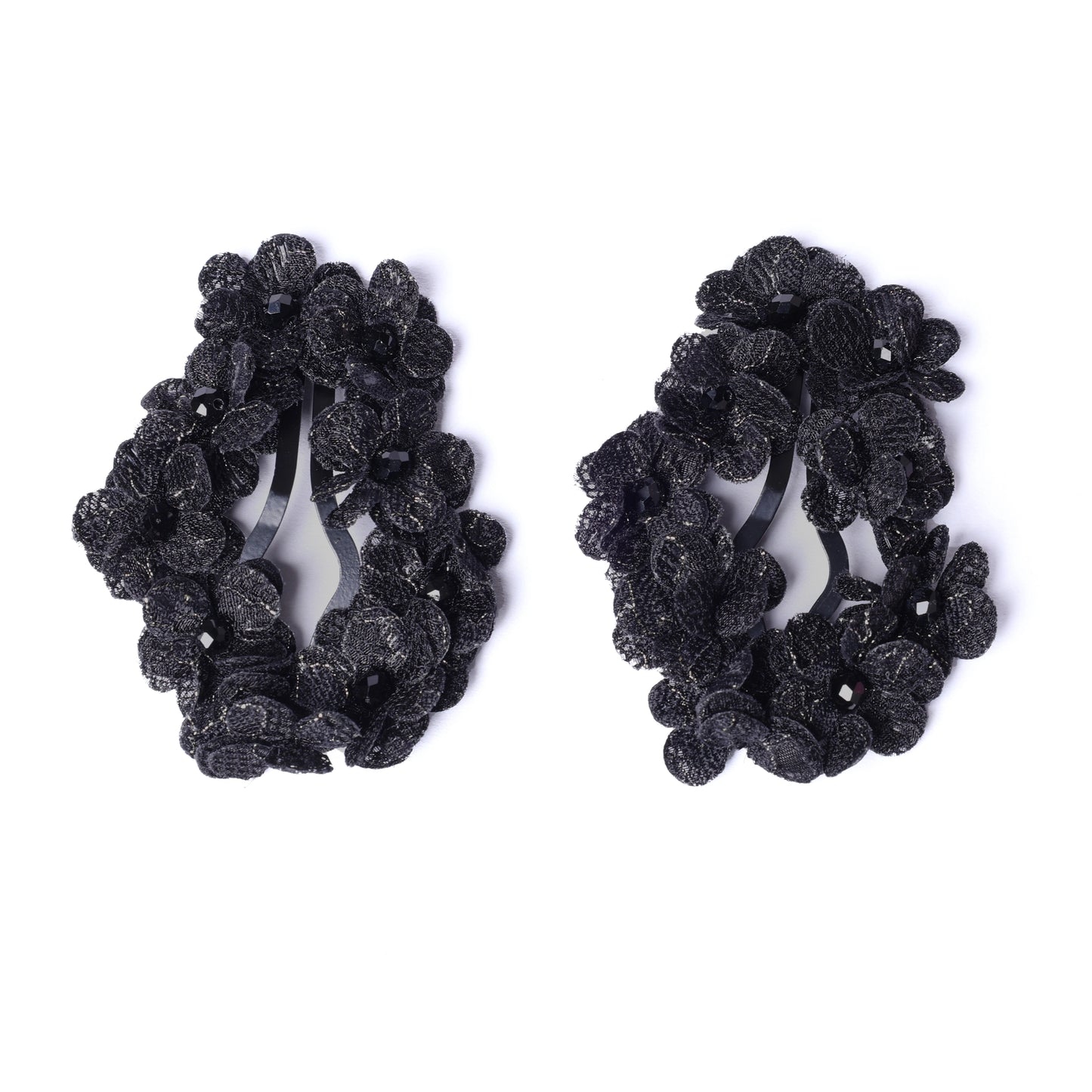 Black flower crystal hair pins with intricate floral design and sparkling crystal accents