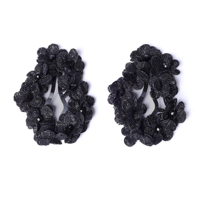 Black flower crystal hair pins with intricate floral design and sparkling crystal accents