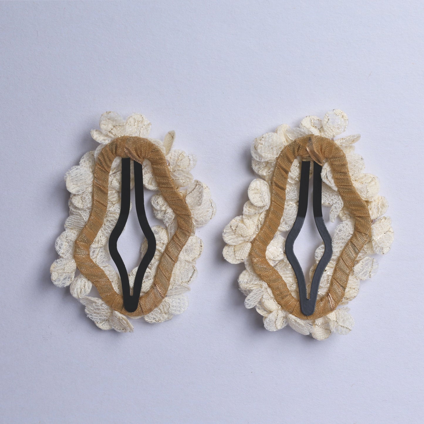 Pair of flower crystal hair pins with white lace petals and brown trim clips