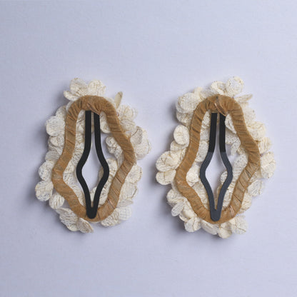 Pair of flower crystal hair pins with white lace petals and brown trim clips