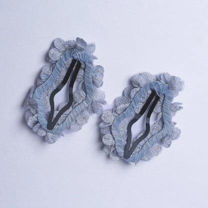 Blue fabric flower crystal hair pins with delicate lace petals and black metal clips