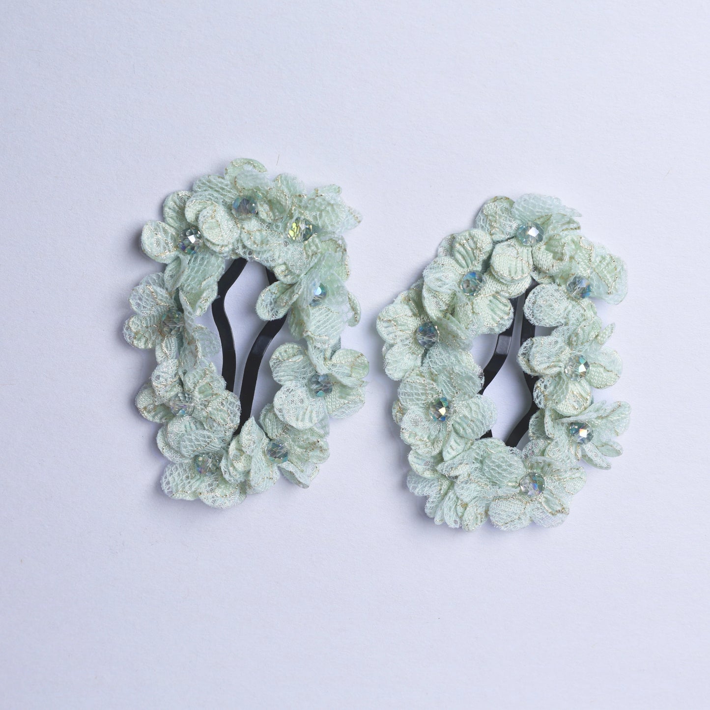 Light green flower crystal hair pins with delicate floral design and small crystals