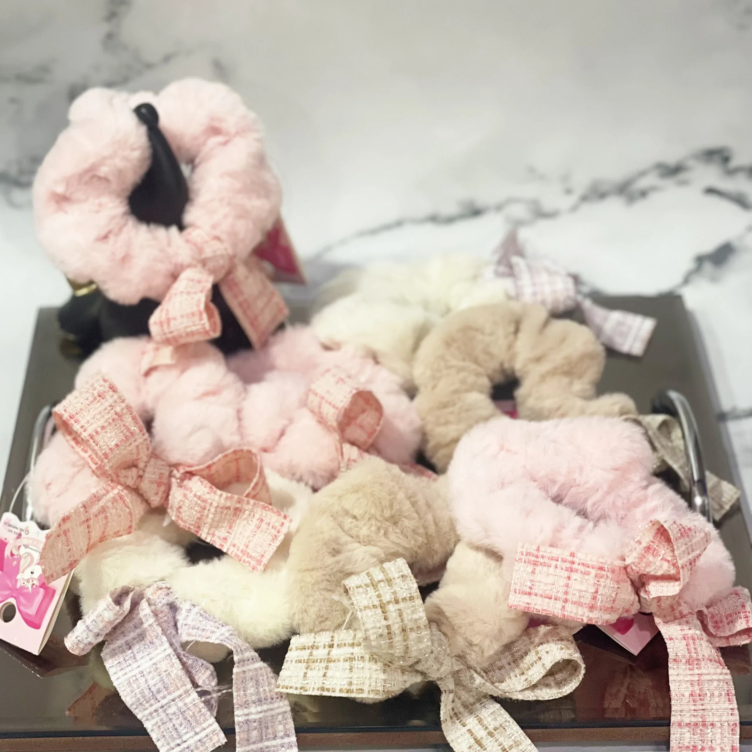 Fur Scrunchies with Check Ribbon (Single)