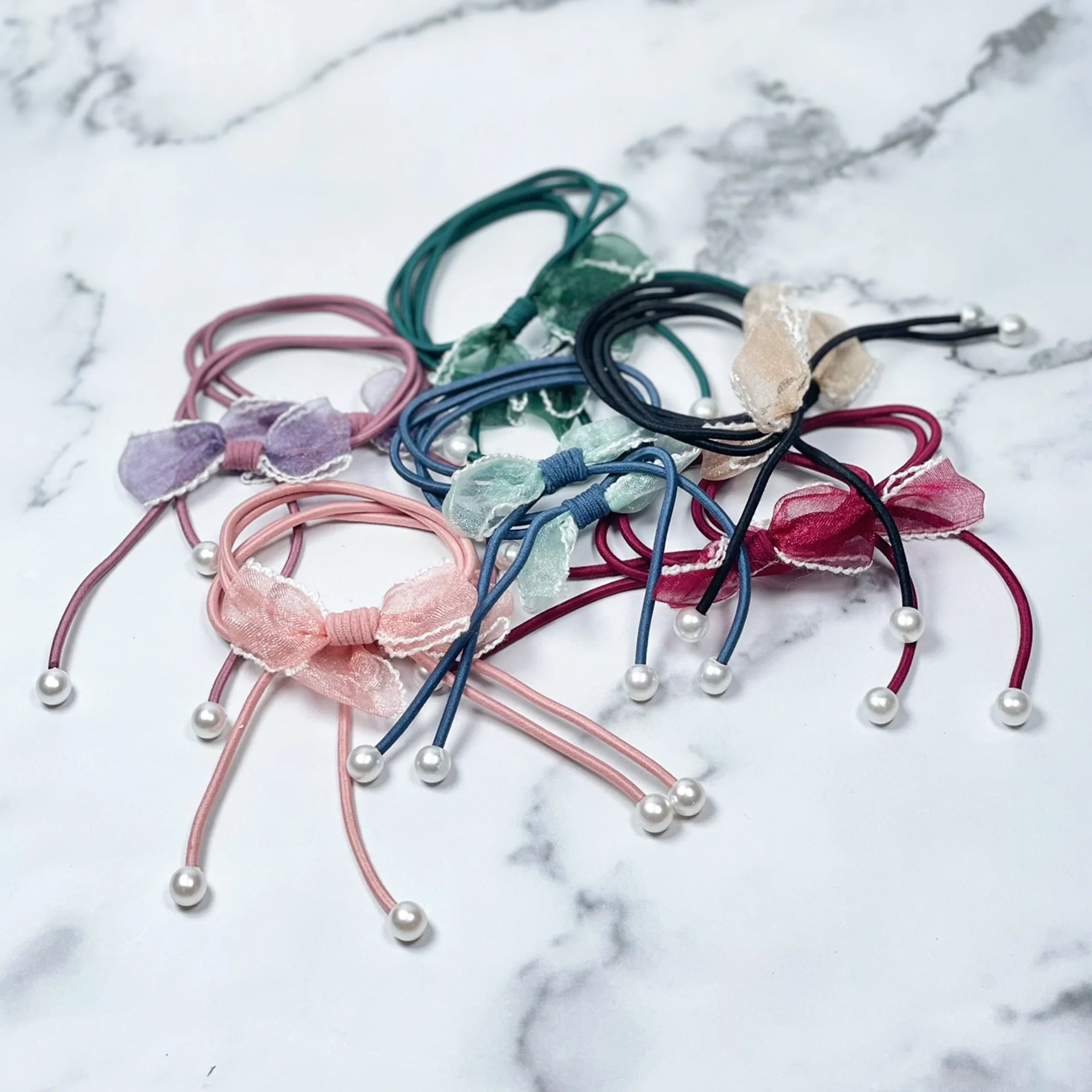 Hair Ties With Bows and Beads (Assorted-Pack of 5 pcs)
