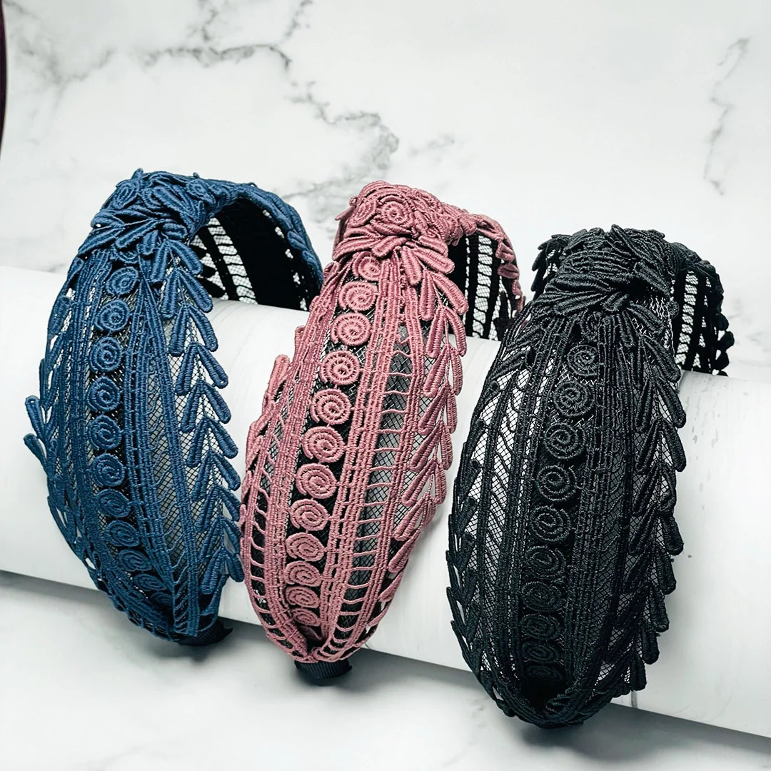 Set of blue pink and black knotted hairbands with lace detailing from mydevelopmentstor