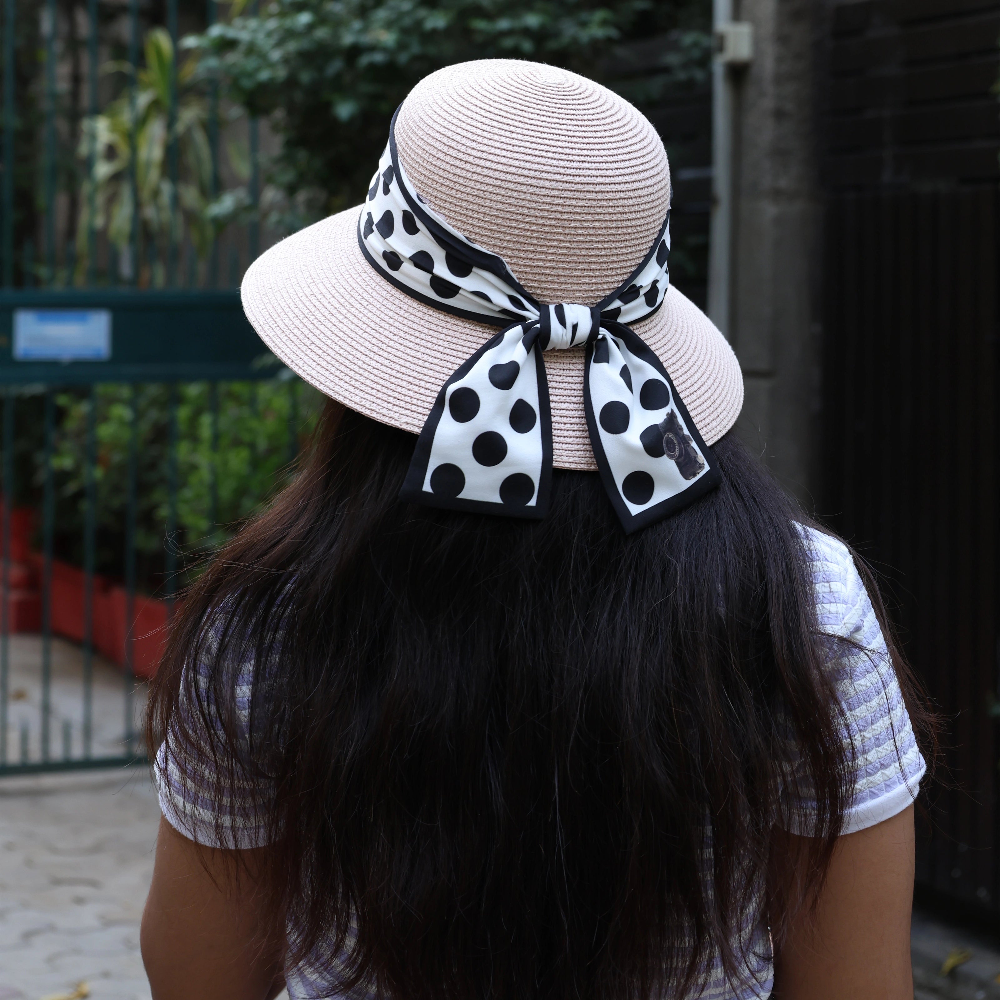 Pink Straw Round Bucket Hat with Polka Dot Black and White Ribbon