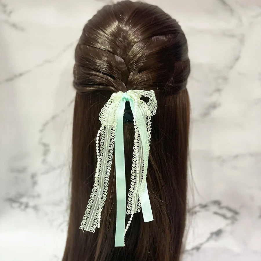 Lace and Satin Ribbon Strands with Pearl Hair ties (Pack of 5 pcs)