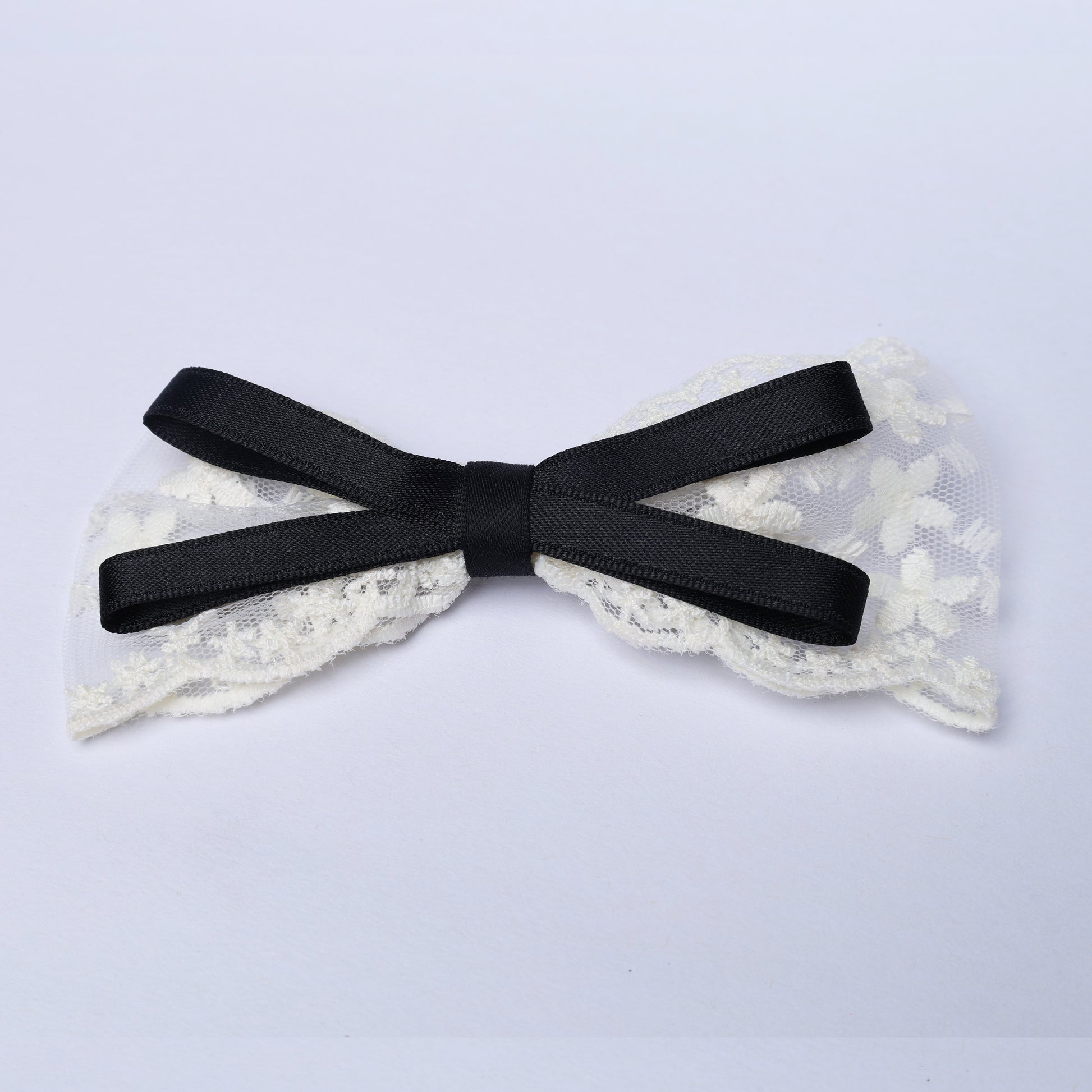 Black Lacy Bows with Ribbon featuring white floral lace detailing for elegant decoration