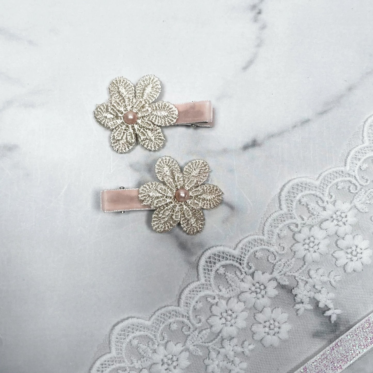 Lacy Flower Alligator Hair Pins with Beads featuring delicate lace floral design and pink bead centers