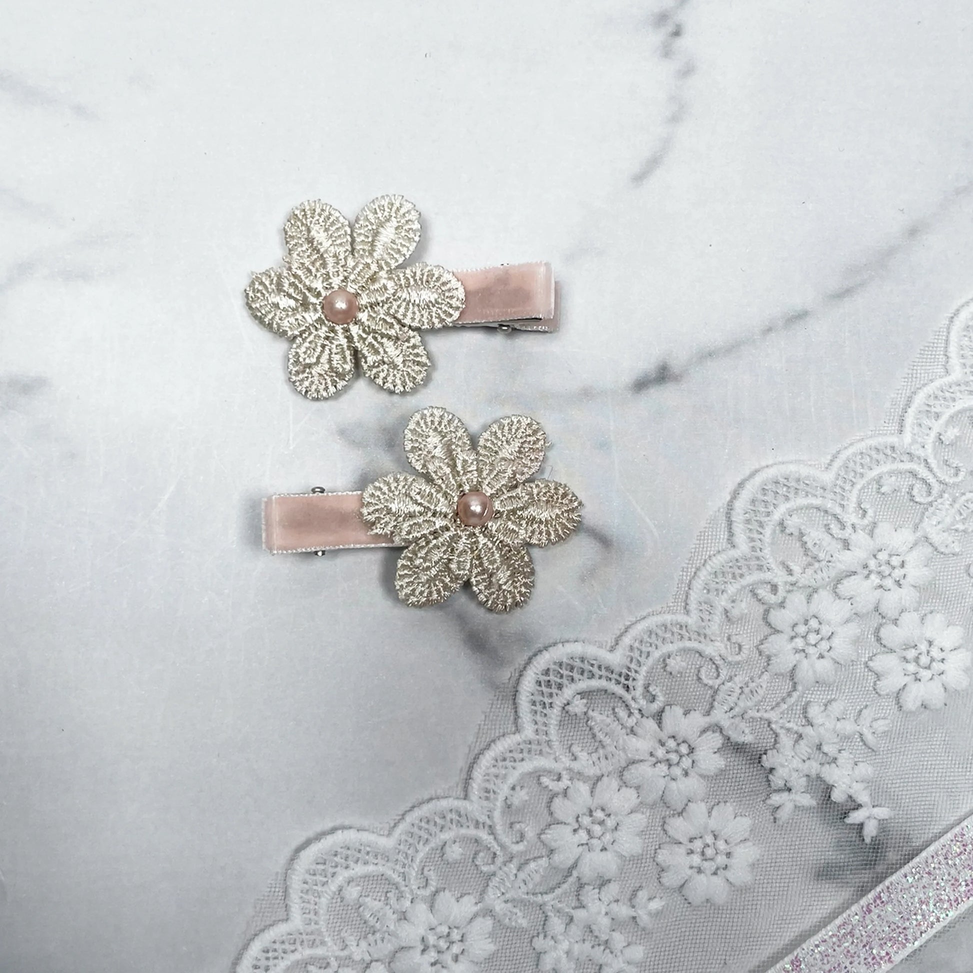Lacy Flower Alligator Hair Pins with Beads featuring delicate lace floral design and pink bead centers