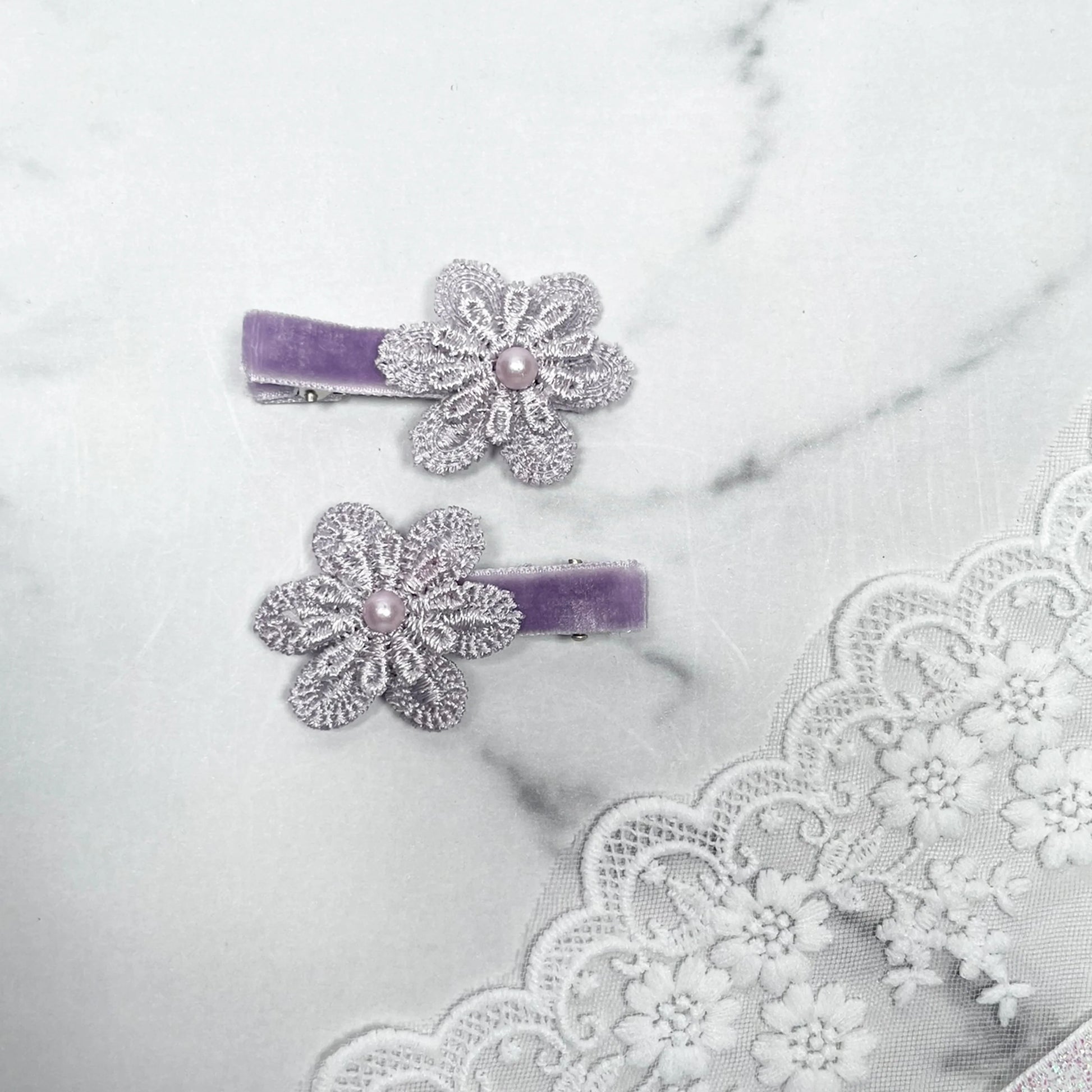 Lacy Flower Alligator Hair Pins with Beads featuring purple velvet base and delicate lace flowers
