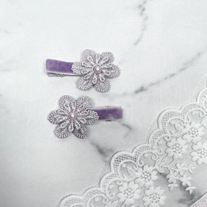Lacy Flower Alligator Hair Pins with Beads featuring purple velvet base and delicate lace flowers