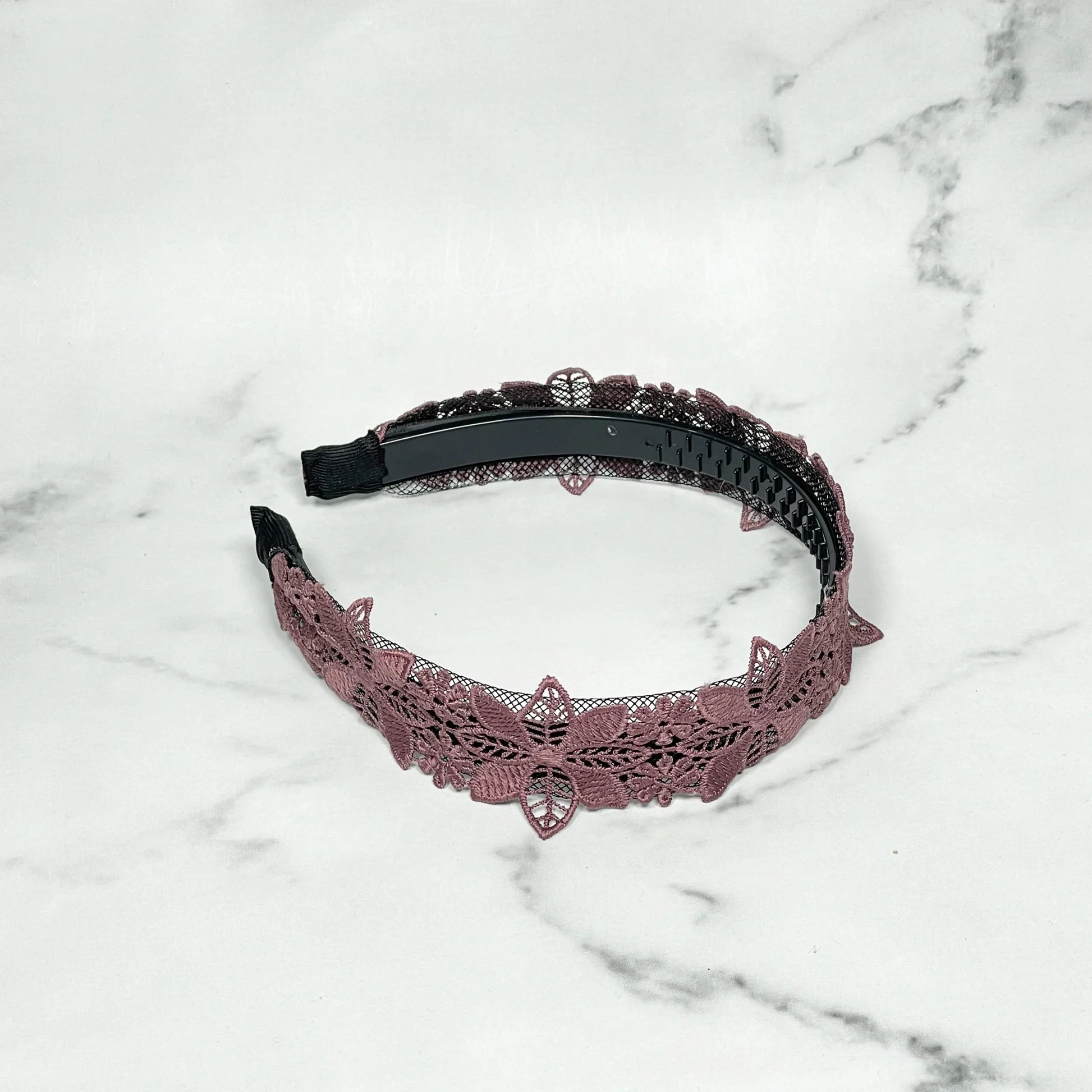 Medium broad colored hair bands with intricate lace floral design in mauve color
